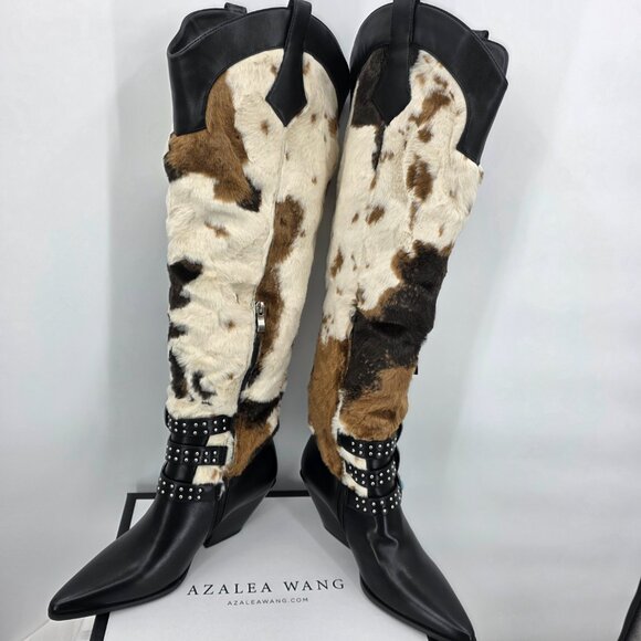 AZALEA WANG Gwayne Cow Print Knee High Fringed Western Boot Buckles 7-11 NWT - Picture 14 of 15